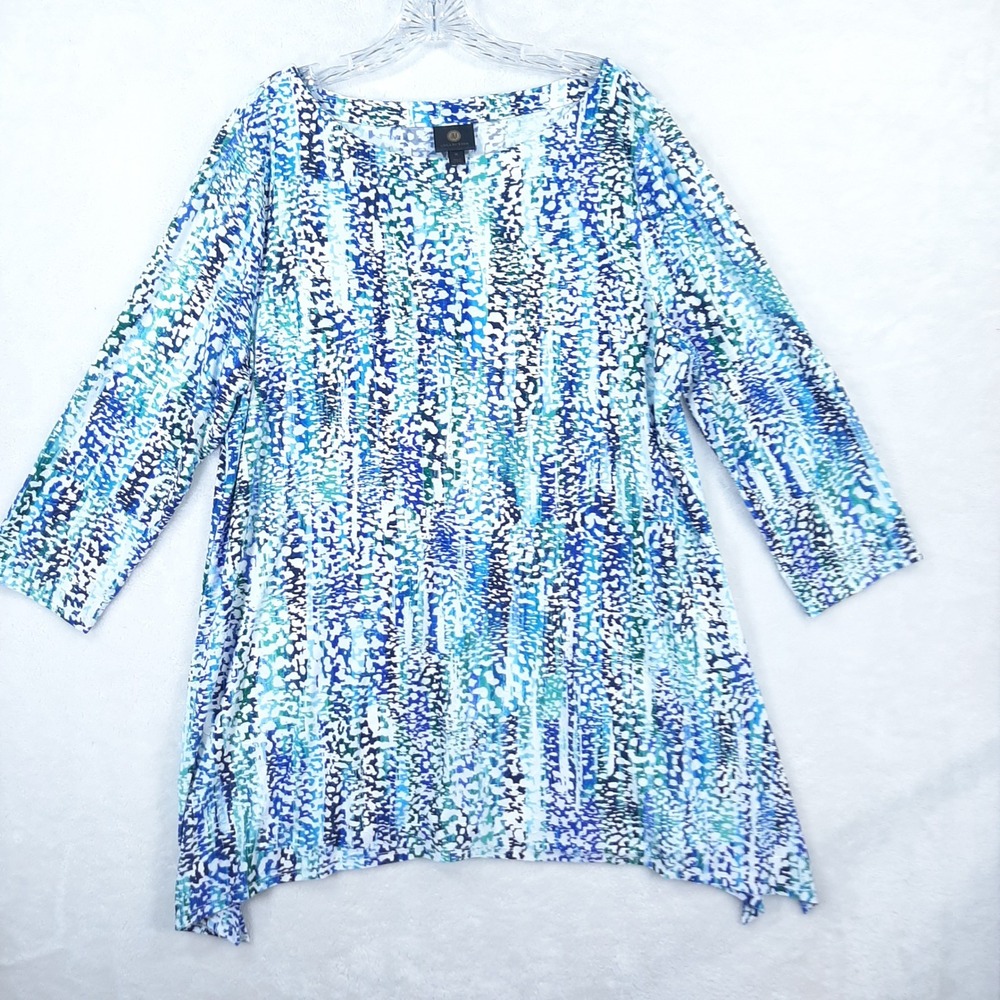 JM Collection Womens XL Blue‎ Green Abstract Print 3/4 Sleeve Asymmetric Tunic